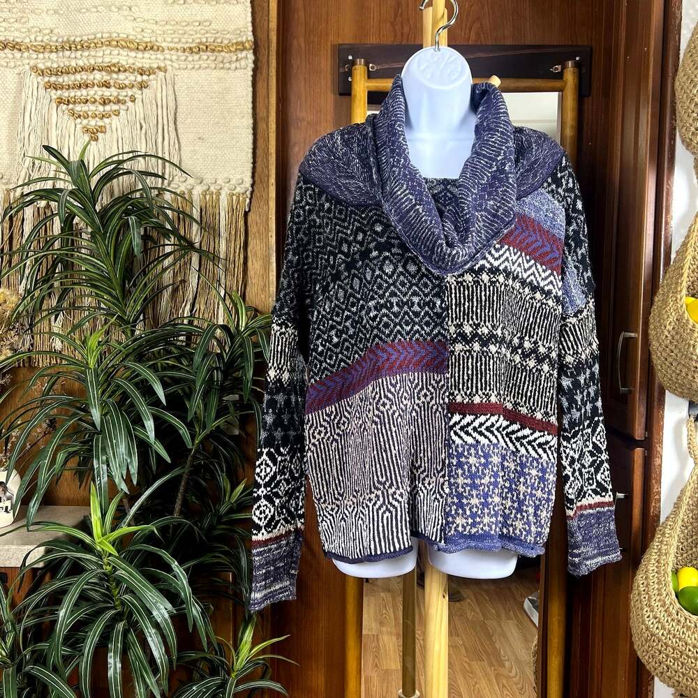 Free People Patchwork Cowl Sweater Women M Oversized Fair Isle Knit Orphan Black